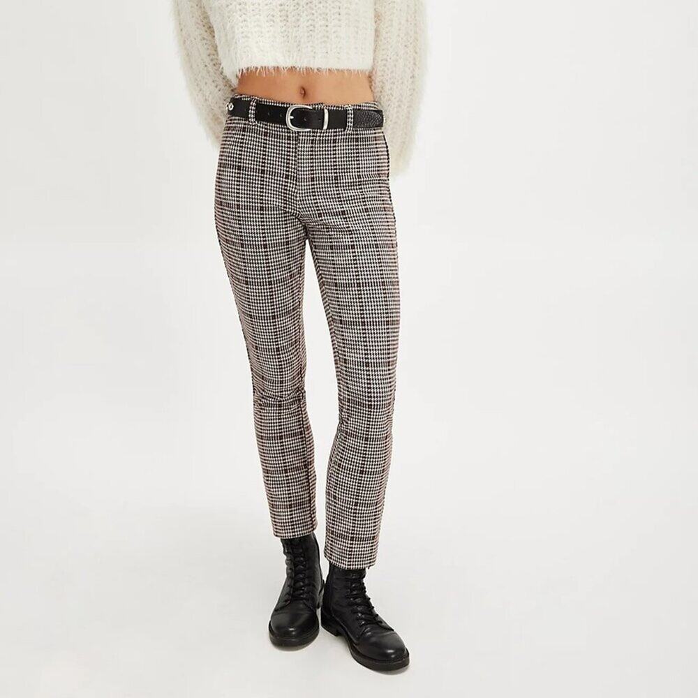 Free People Molly Plaid Slim Pants SIZE 8 Brown Houndstooth Trousers